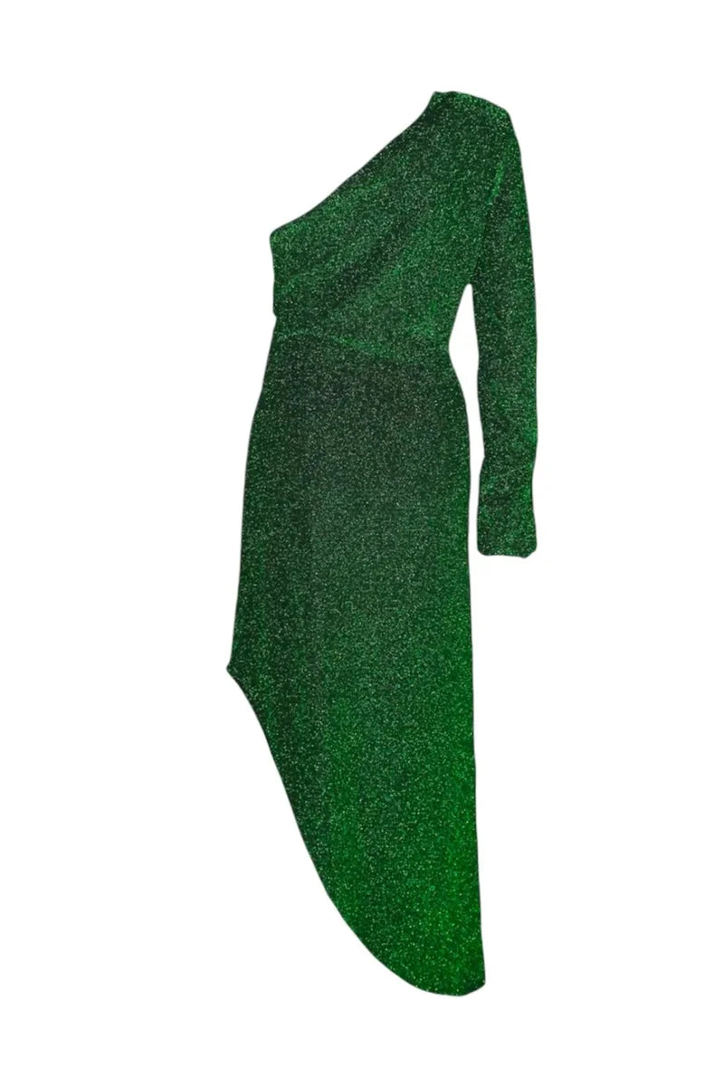 Green one-shoulder dress on a white background