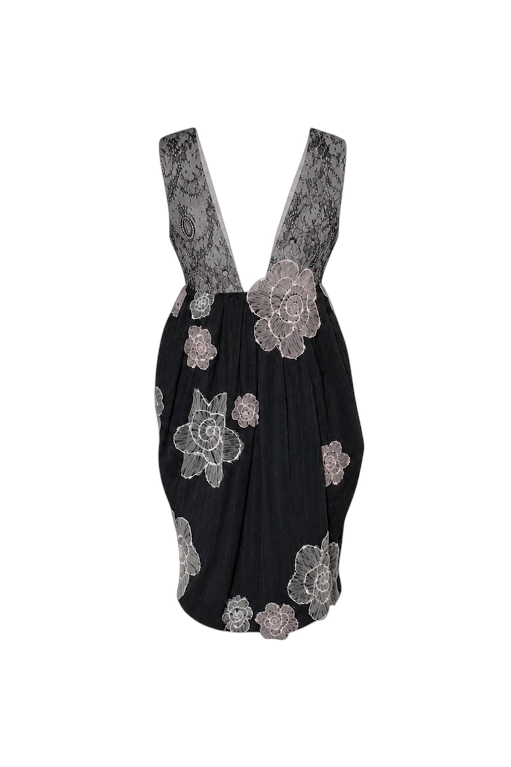 Black dress with floral lace details on a white background