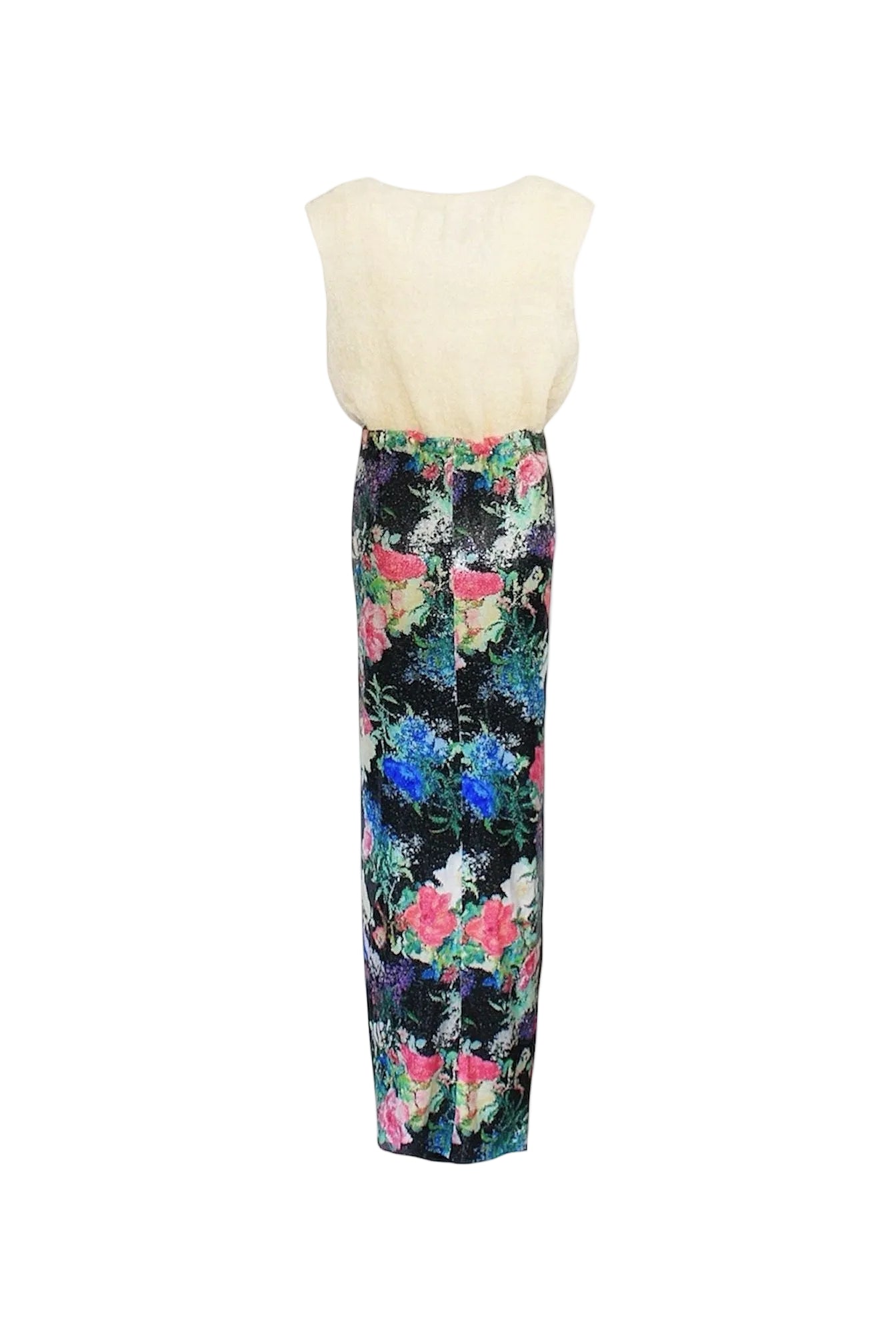 Beige top and floral skirt set on a white background