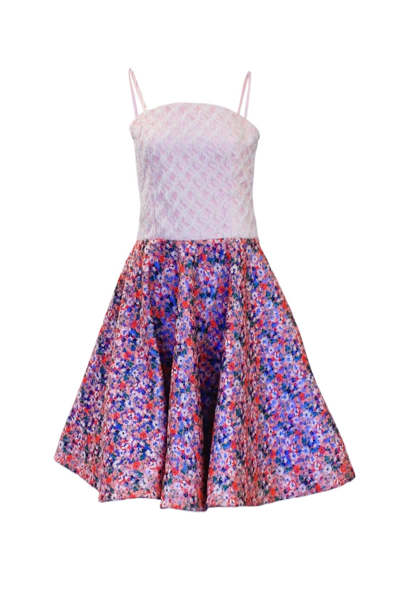 Dress with floral skirt and lace top on a white background