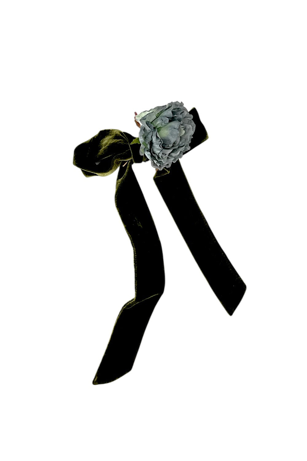 Black ribbon with a floral bow on a white background