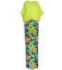 Green top and colorful floral pants on a white background