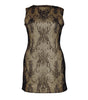 Black and gold patterned dress on a white background