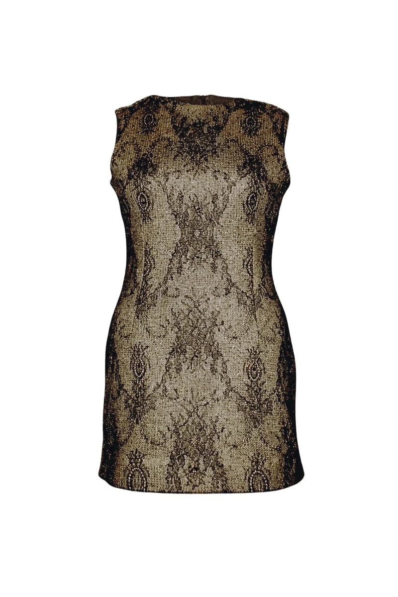 Black and gold patterned dress on a white background