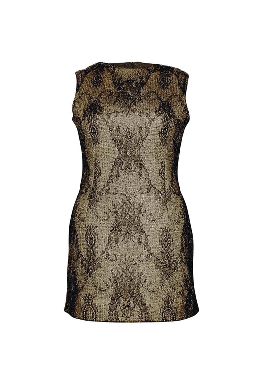 Black and gold patterned dress on a white background
