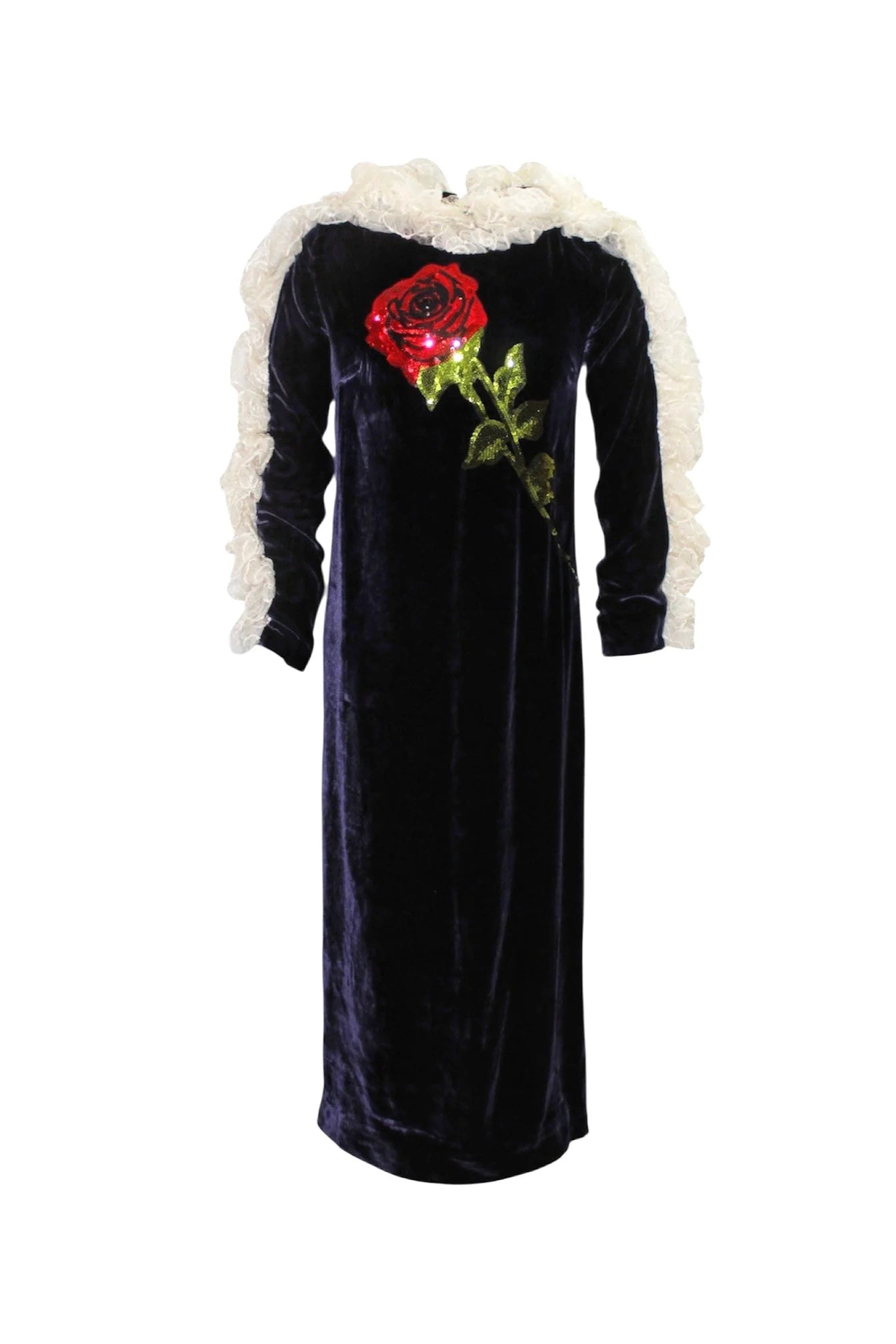 Black velvet dress with floral embroidery on a white background