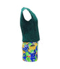 Green sleeveless top and colorful floral shorts on a white background