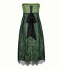Green strapless dress with black accents on a white background
