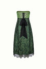 Green strapless dress with black accents on a white background