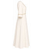 White strapless dress with gold trim on a white background