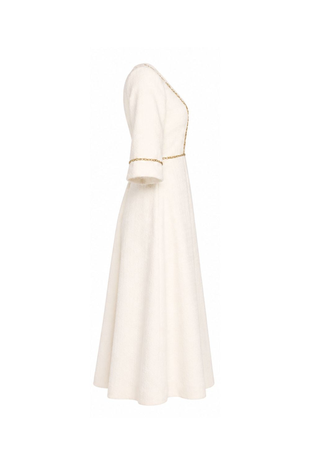 White strapless dress with gold trim on a white background