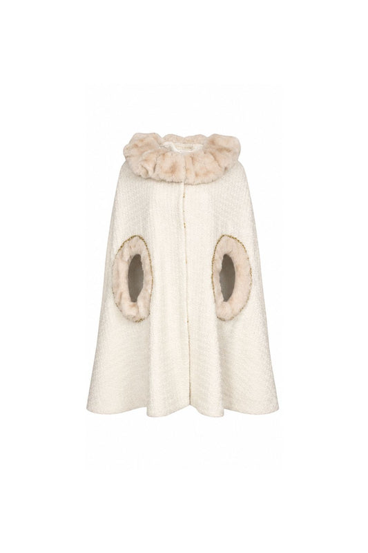 White cape with fur trim on a white background