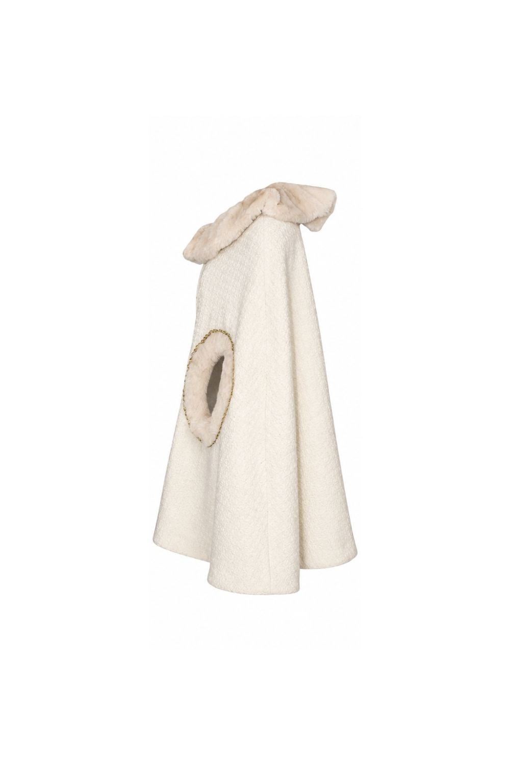 White hooded cloak with fur trim on a white background
