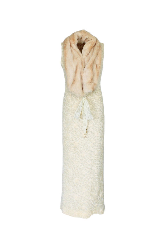Long, cream-colored scarf with a textured pattern on a white background