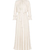 White dress with long sleeves and a tie neckline on a white background