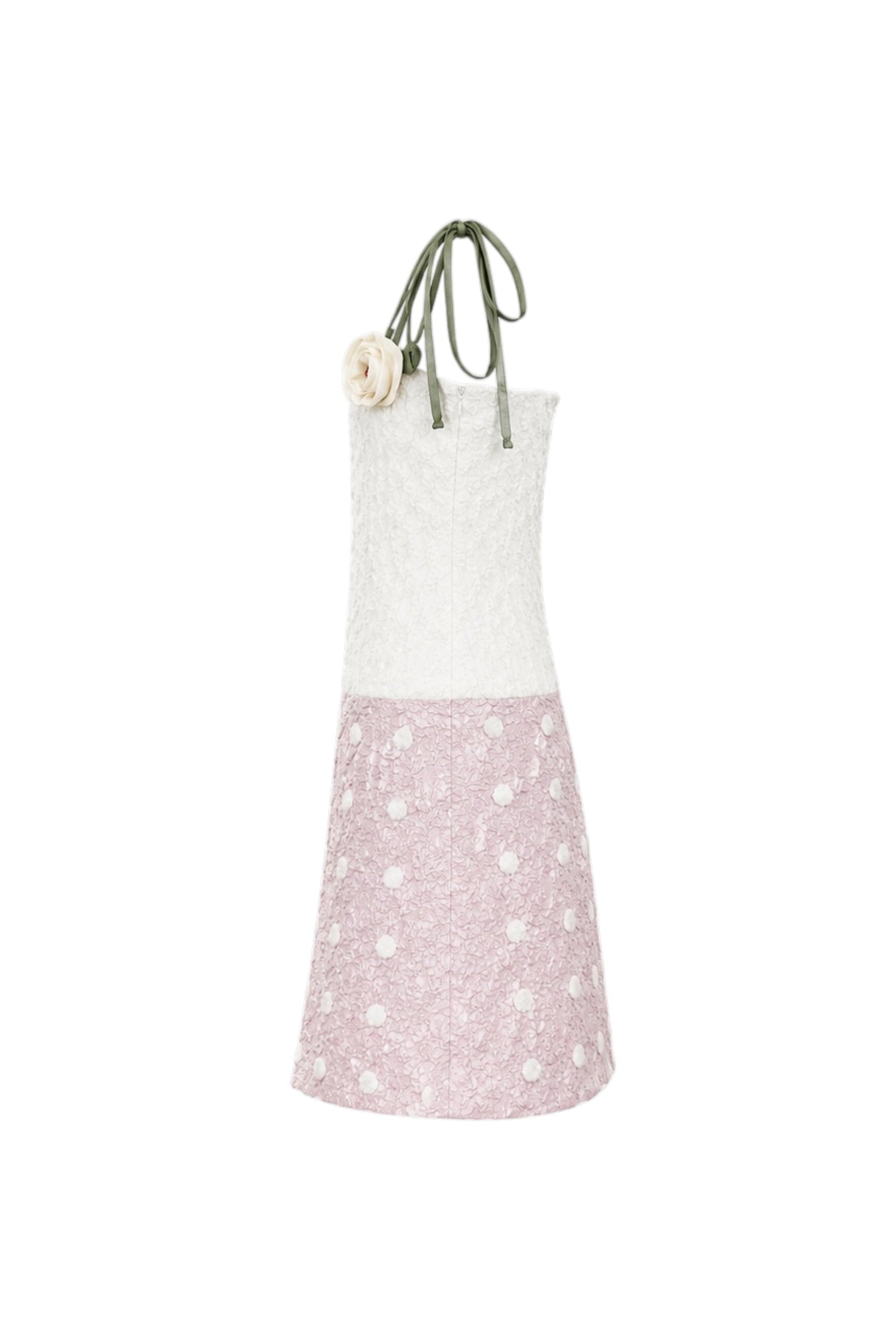 Two-tone apron with white top and pink polka dot skirt on a white background