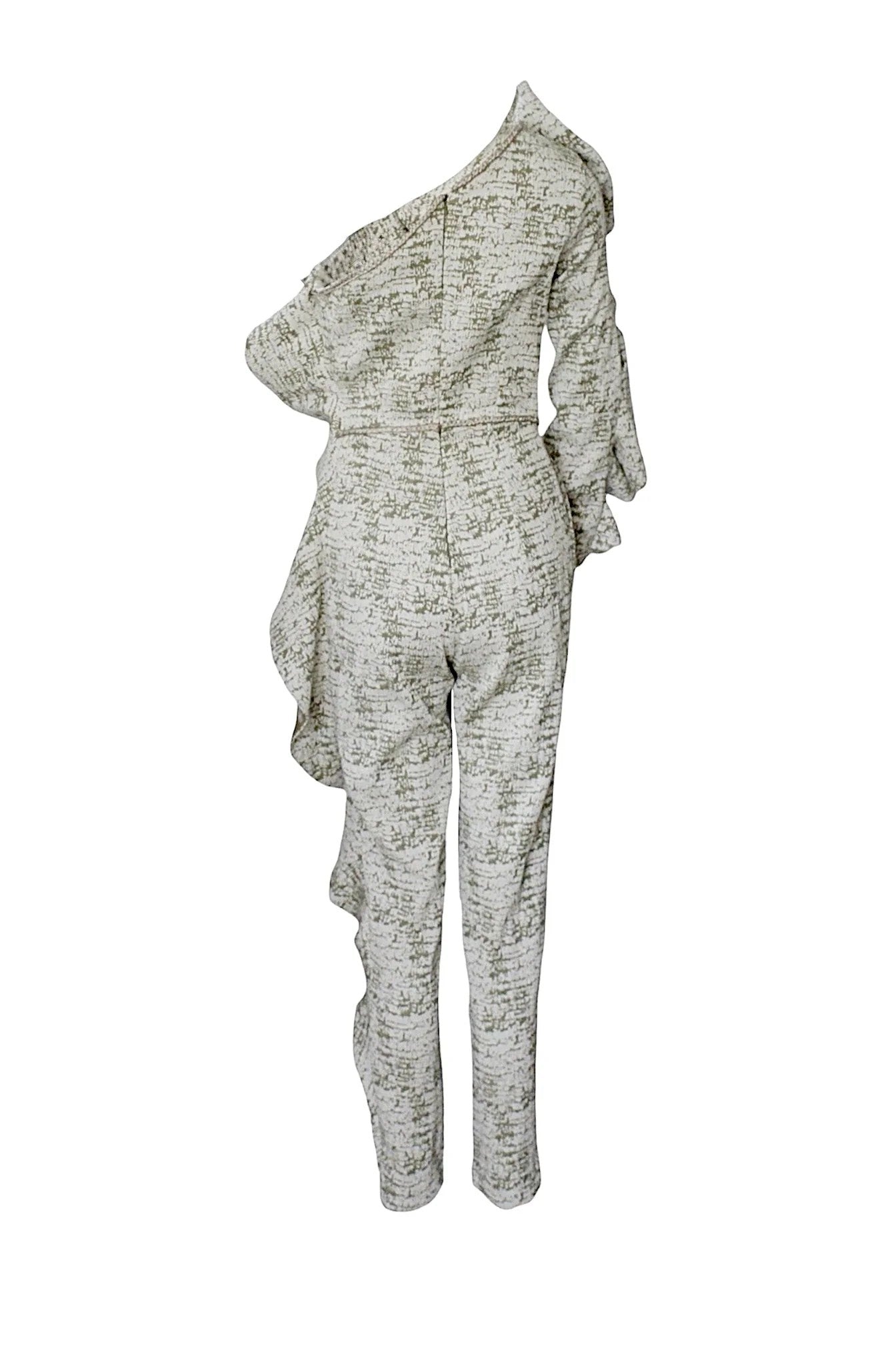 Textured off-shoulder top and pants set on a white background