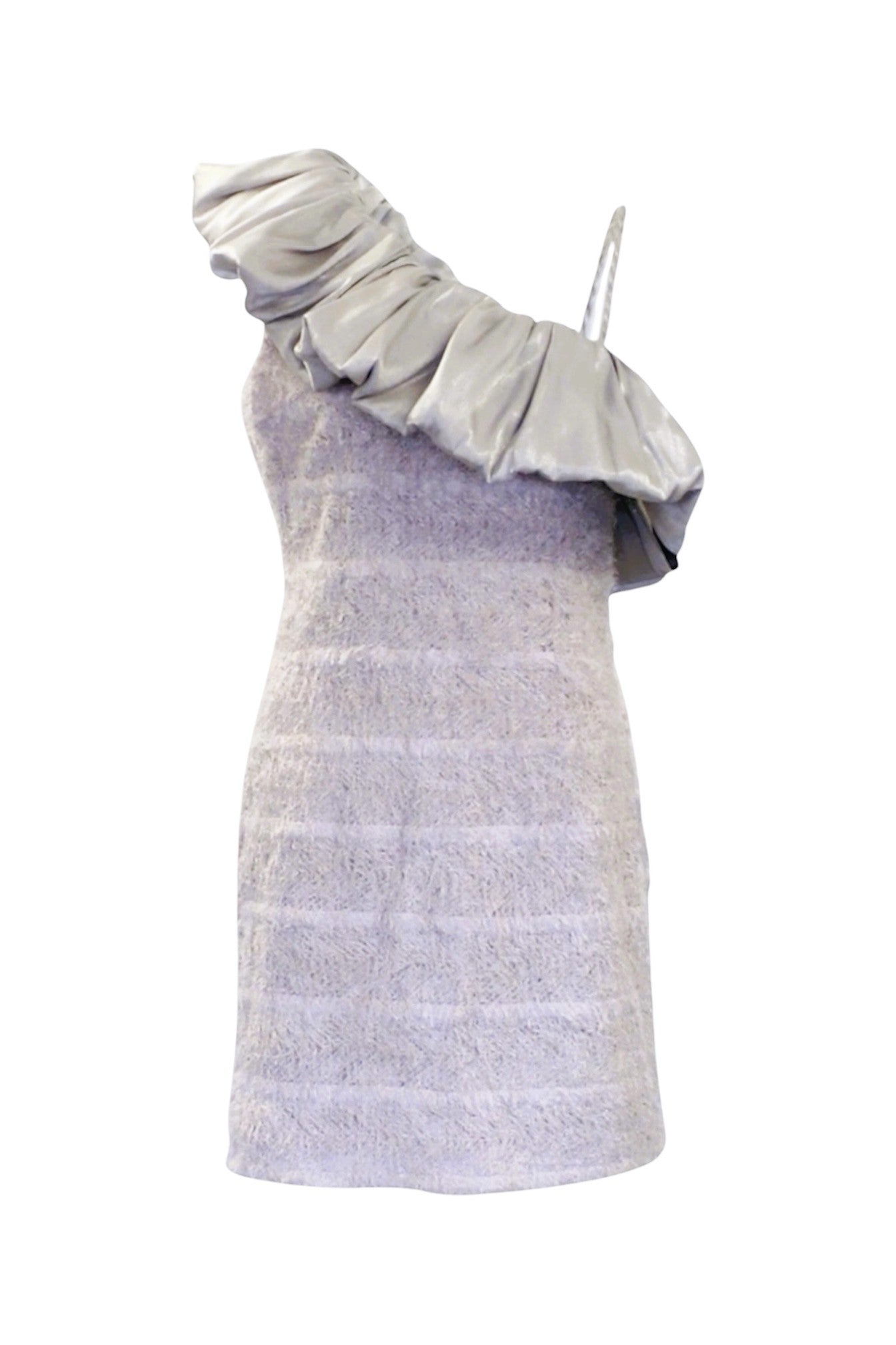 One-shoulder dress with ruffled detailing on a white background