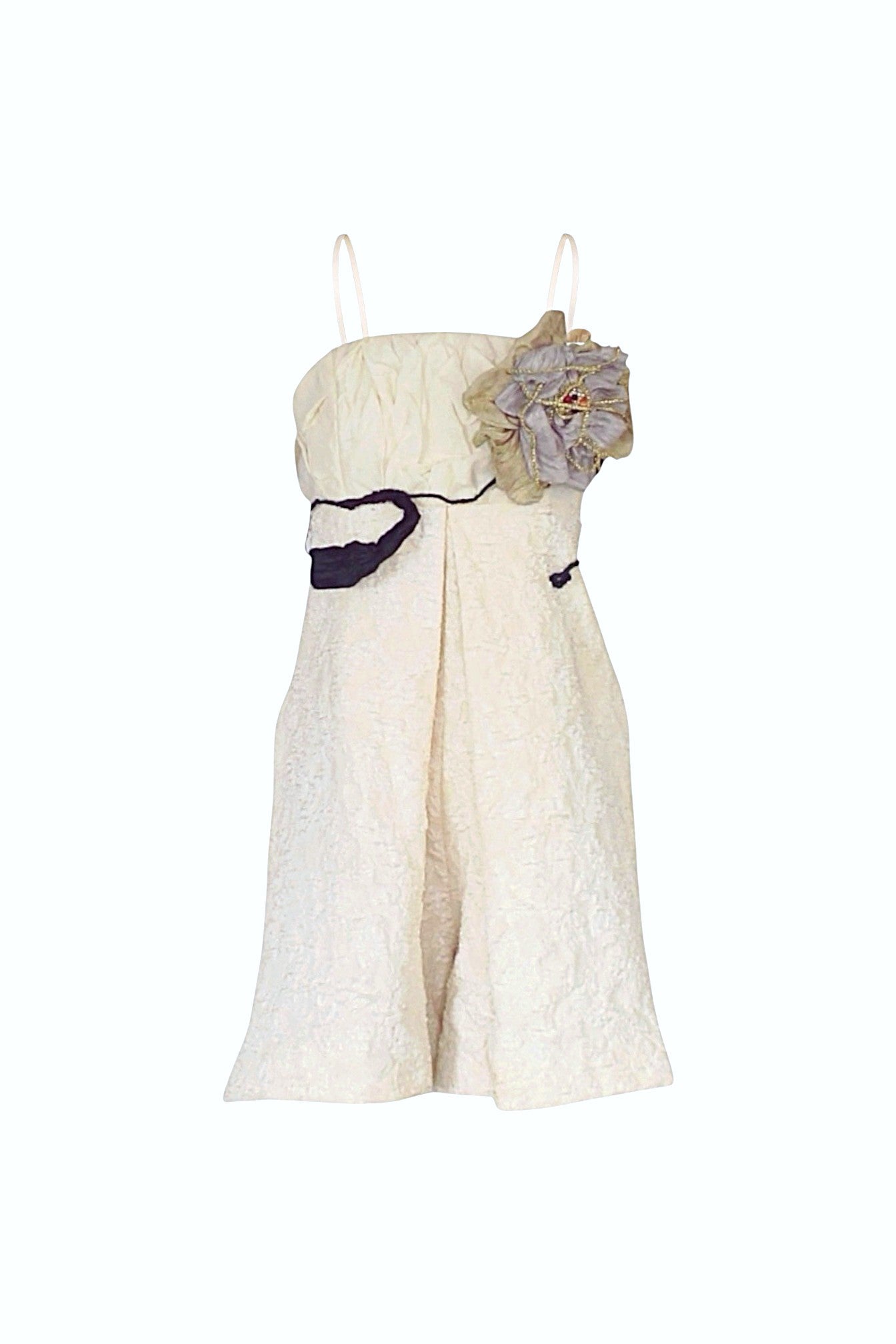 White strapless dress with floral details on a white background