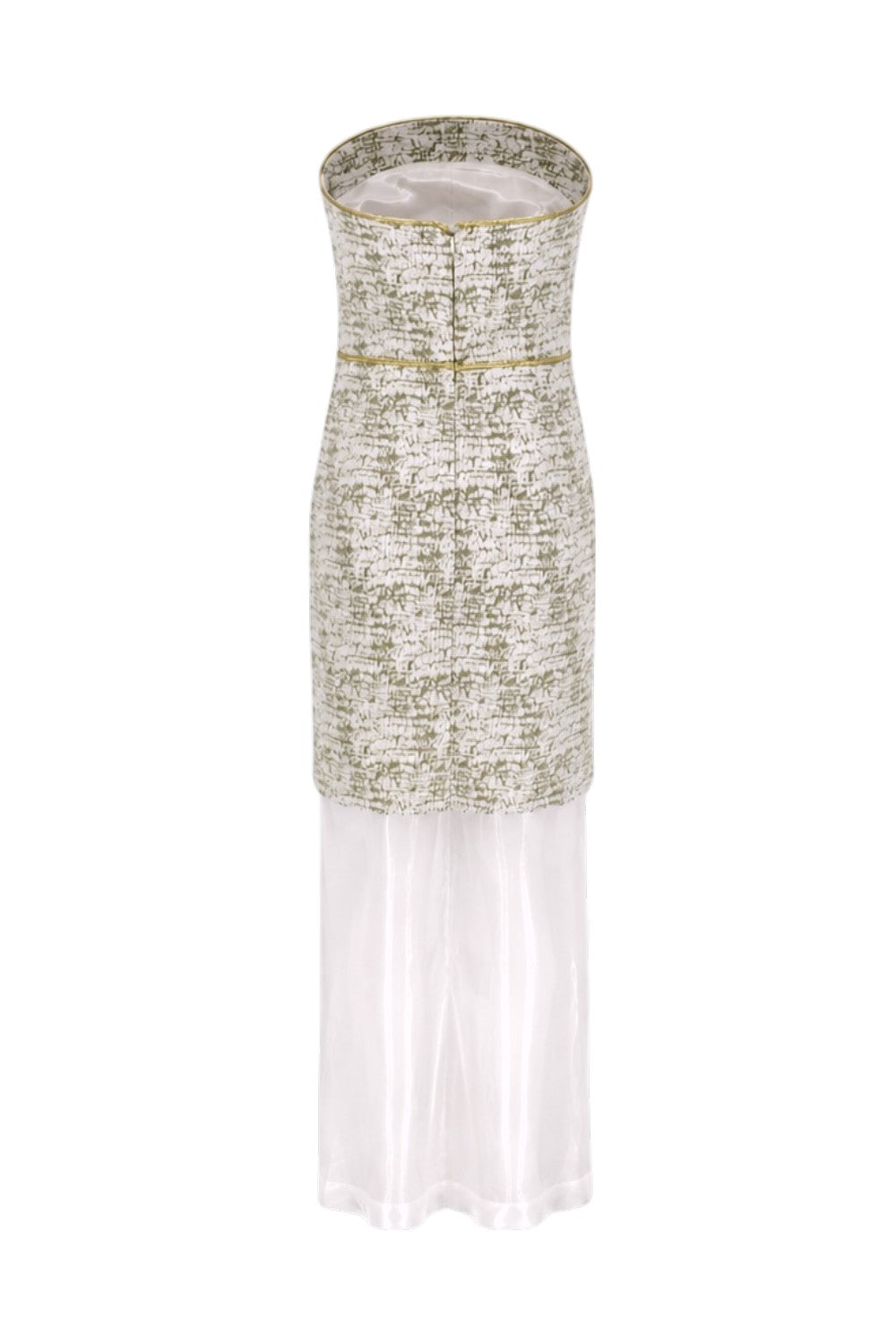 Long dress with textured bodice and sheer skirt on a white background