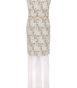 White strapless dress with gold embellishments on a white background