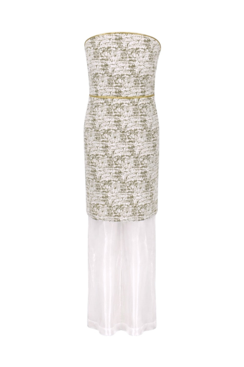 White strapless dress with gold embellishments on a white background