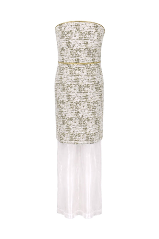 White strapless dress with gold embellishments on a white background