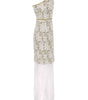 One-shoulder dress with textured bodice and sheer skirt on a white background