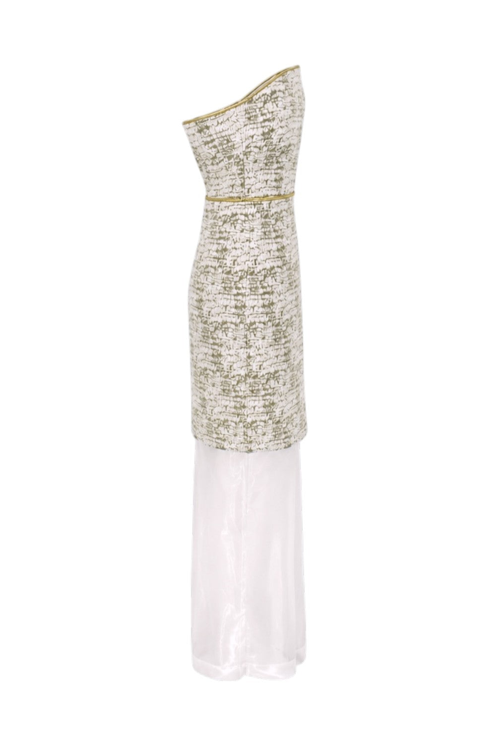 One-shoulder dress with textured bodice and sheer skirt on a white background