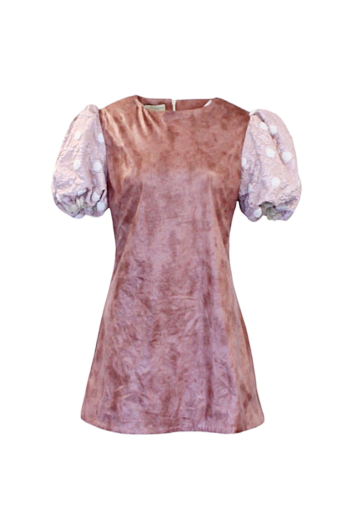 Pink velvet dress with puff sleeves on a white background