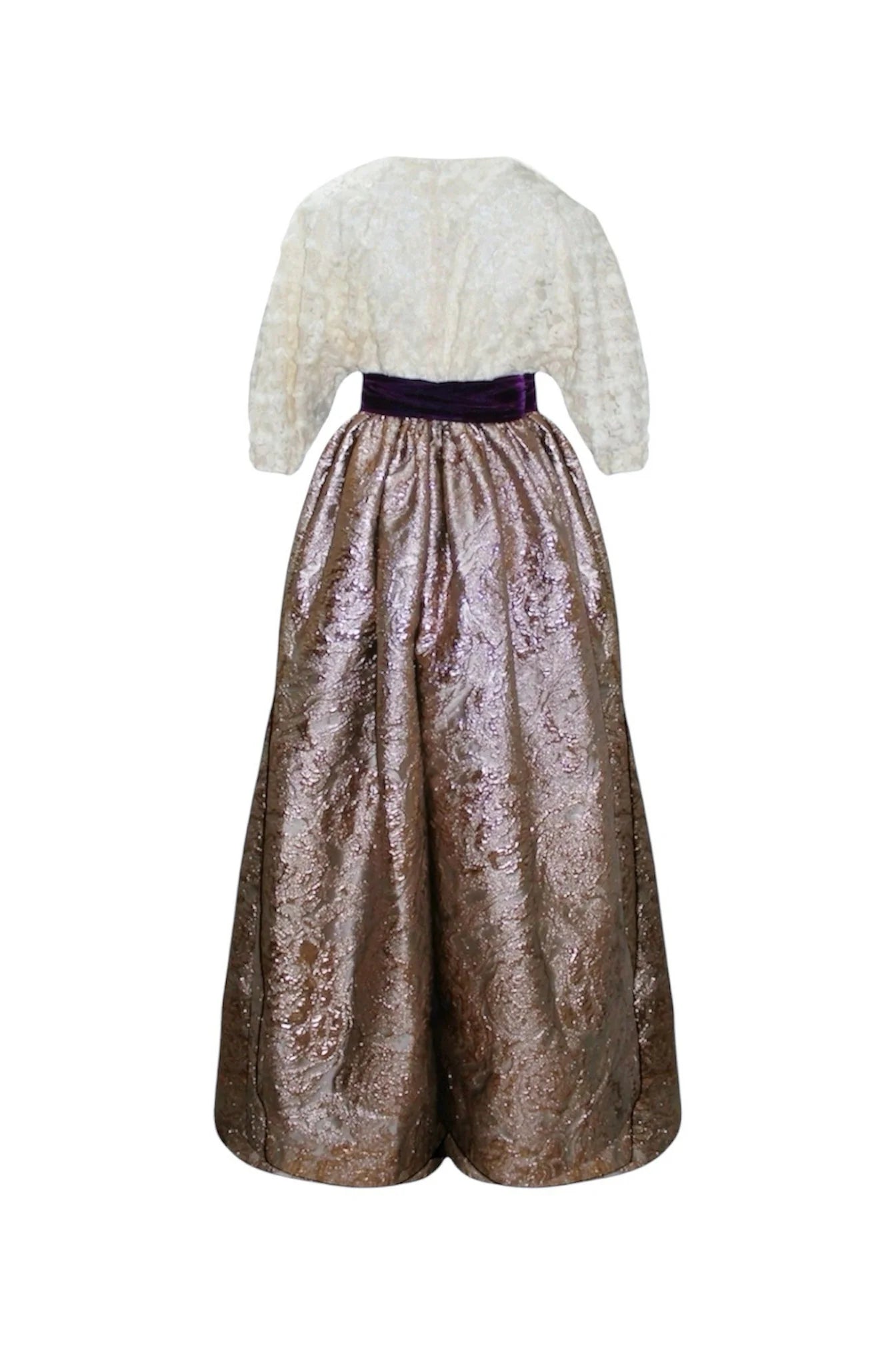 White lace top and bronze metallic skirt on a white background