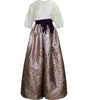 Two-piece outfit with lace top and metallic skirt on a white background