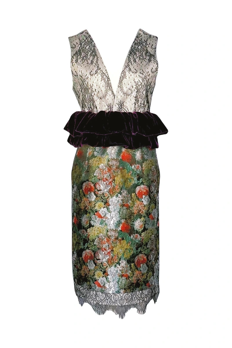 Dress with floral pattern and velvet waistband on a white background