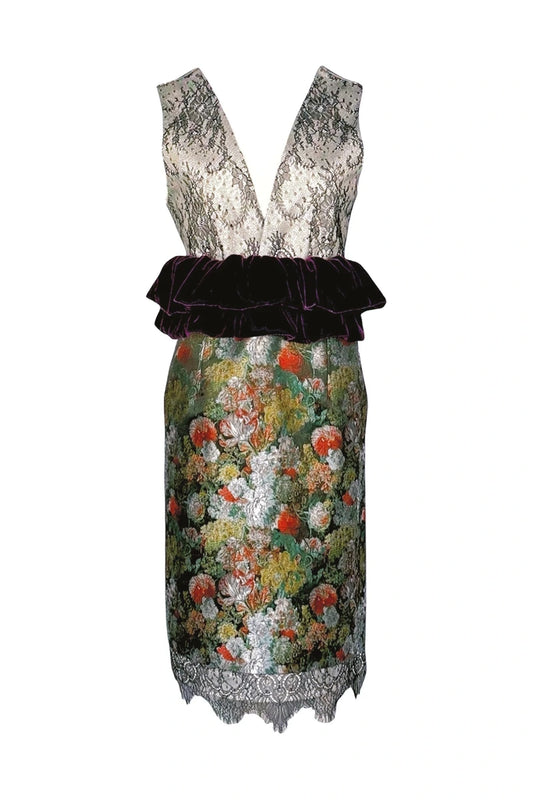 Dress with floral pattern and velvet waistband on a white background