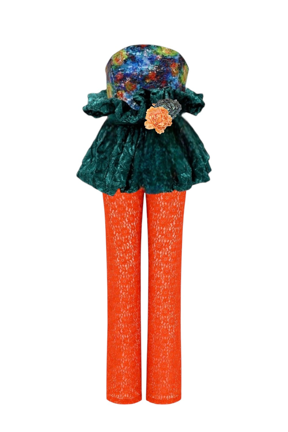 Colorful outfit with a floral hat and orange pants on a white background