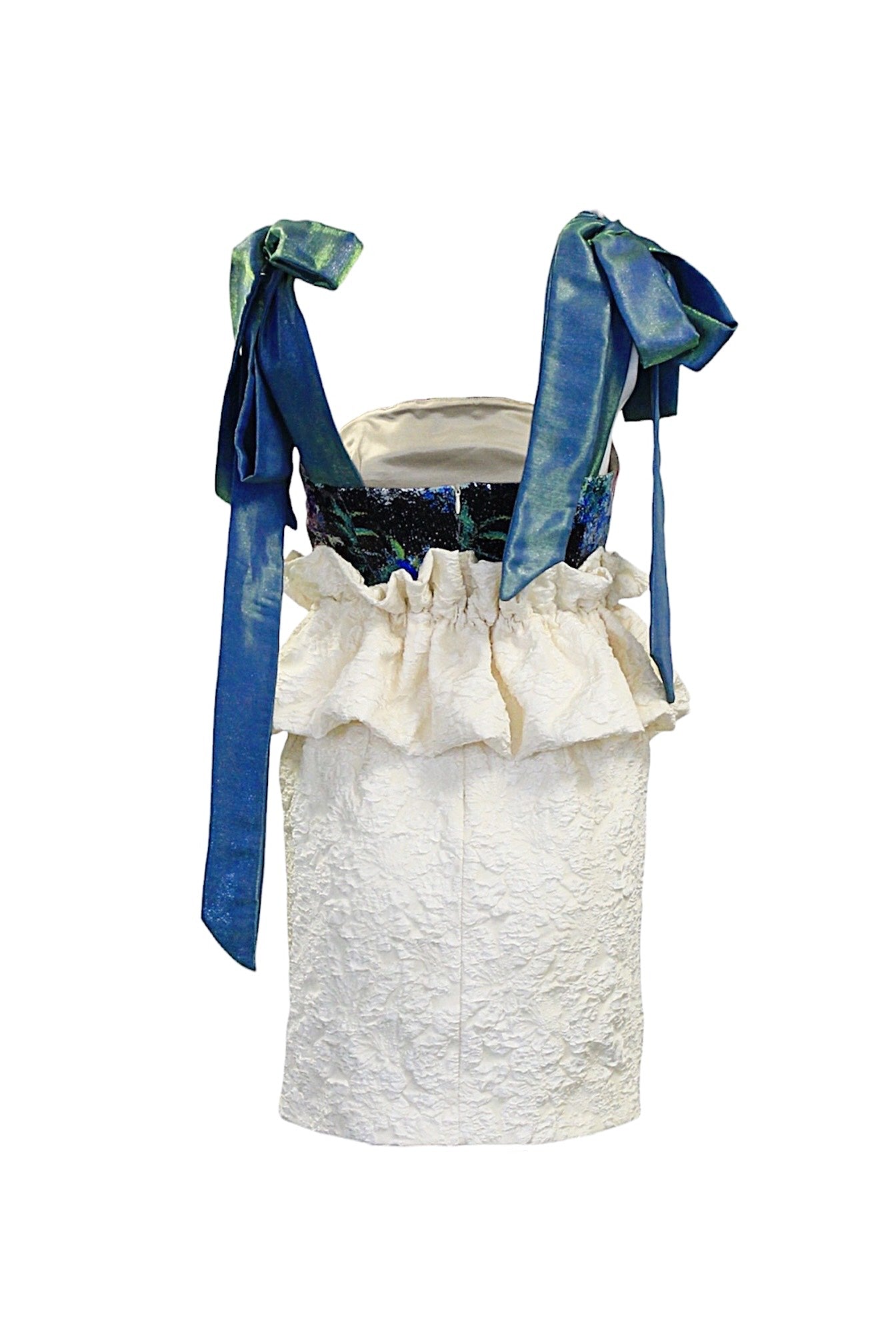 White lace dress with blue suspenders on a white background