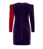 Purple velvet dress with red sleeves on a white background