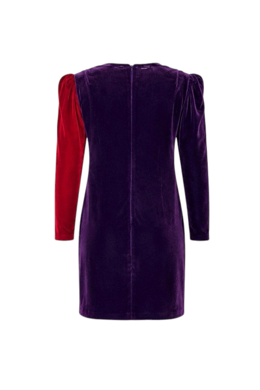 Purple velvet dress with red sleeves on a white background