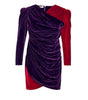 Purple and red dress with draped design on a white background