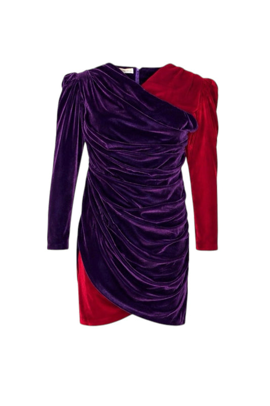 Purple and red dress with draped design on a white background
