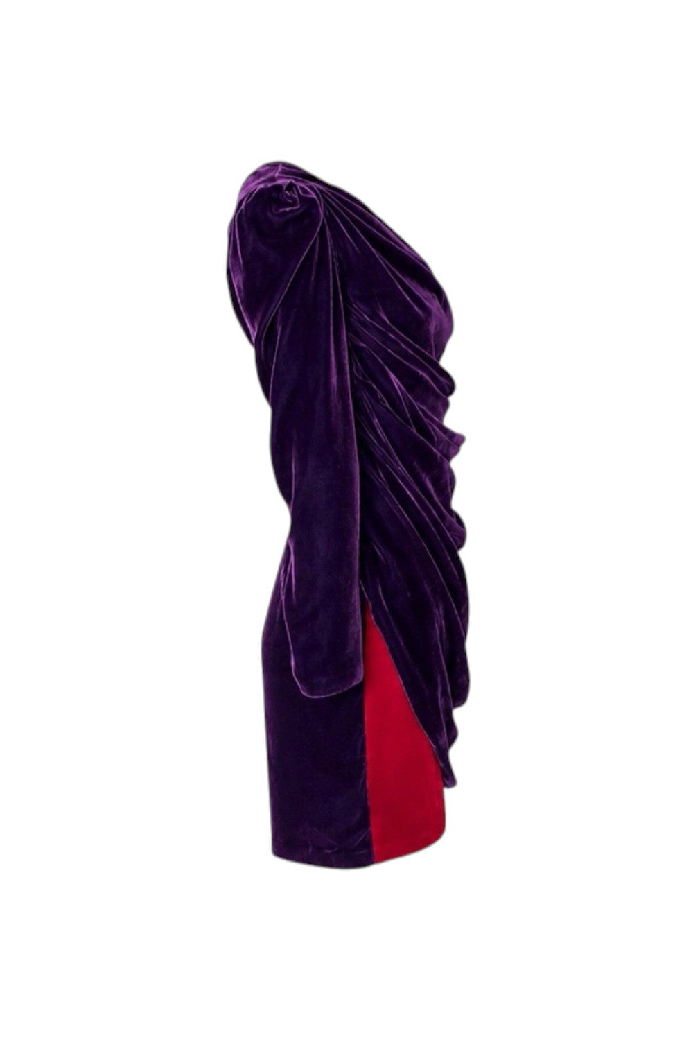 Purple velvet dress with a red bottom section on a white background