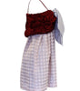Dress with a textured red top and patterned skirt on a white background