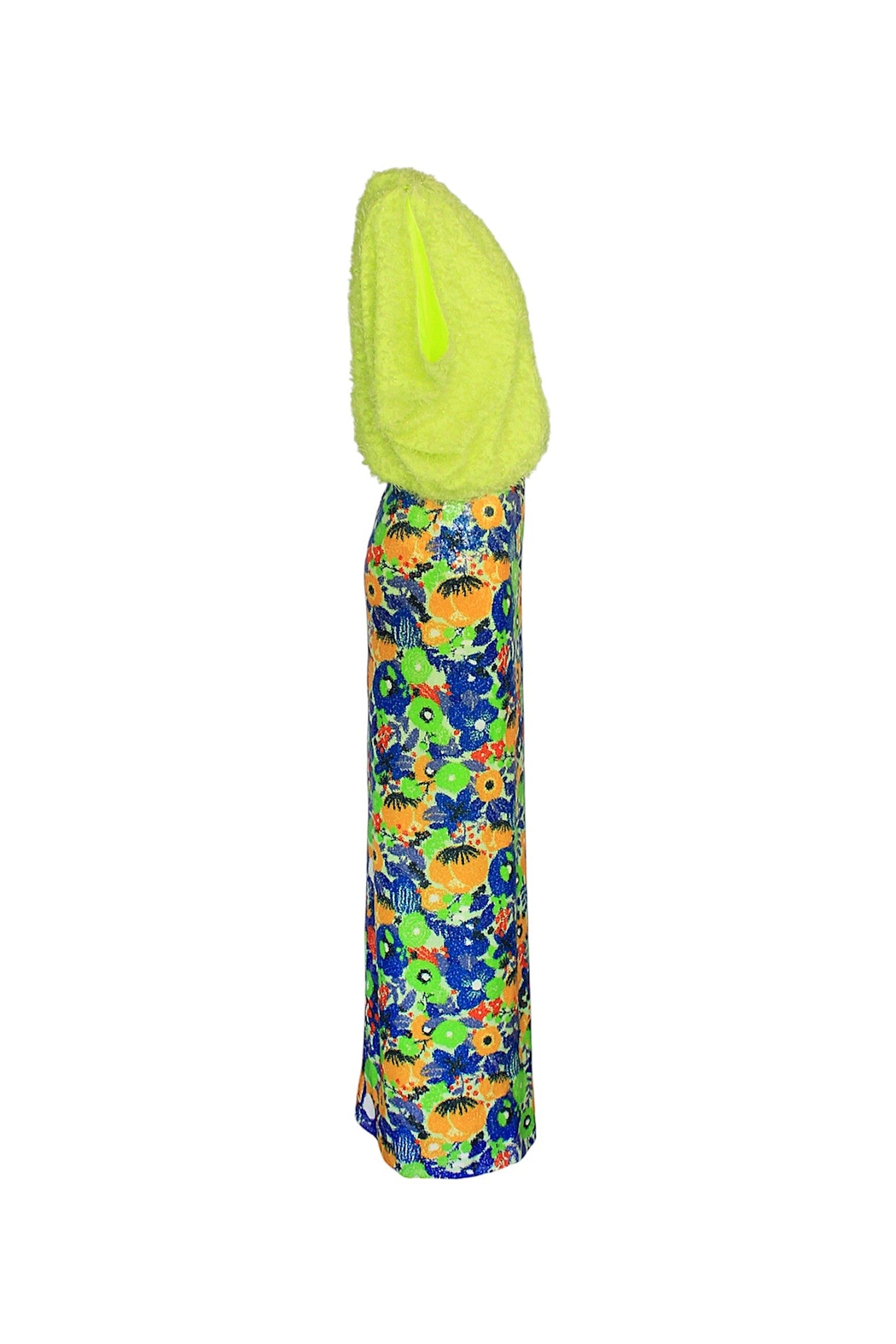 Neon green hooded sweatshirt with colorful floral pattern on a white background