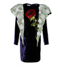 Black dress with floral sleeves and roses on a white background