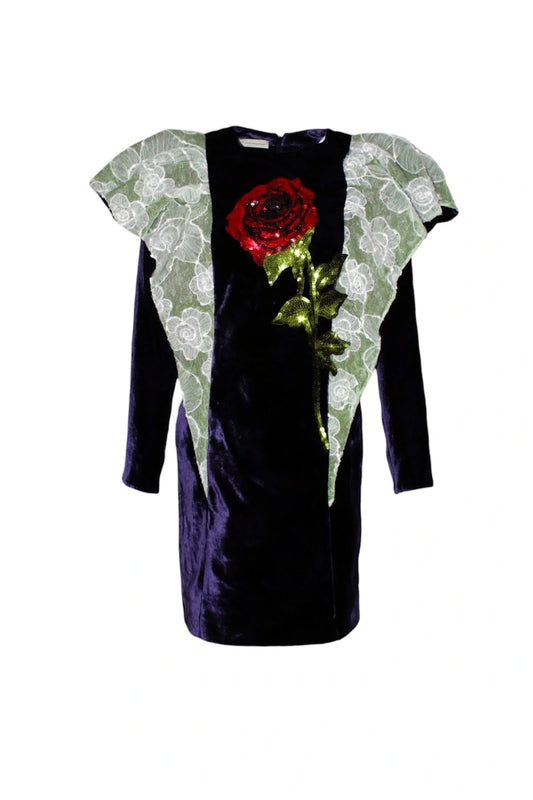 Black dress with floral sleeves and roses on a white background