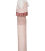 Long, patterned dress with a ruffled top on a white background