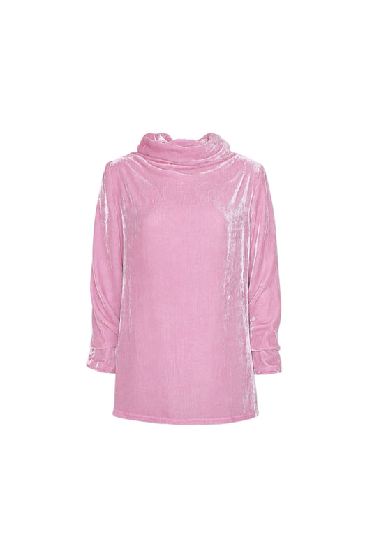 Pink blouse with sheer sleeves on a white background