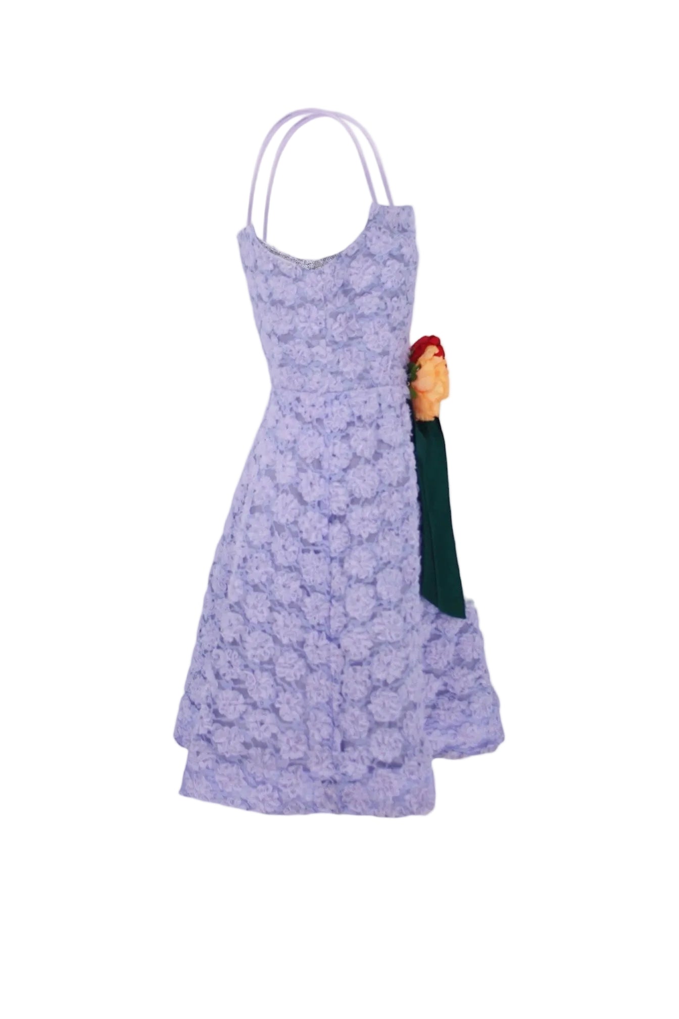 Purple floral dress with a green ribbon on a white background