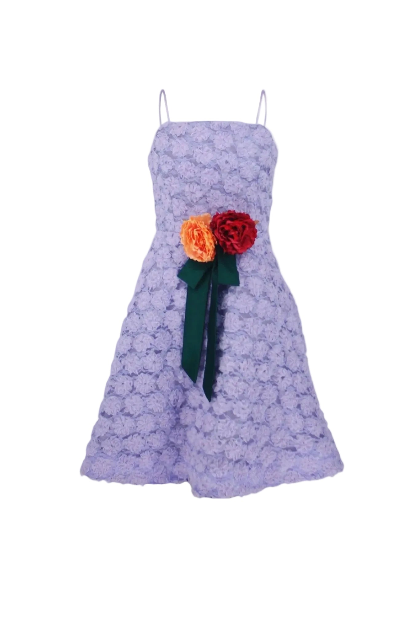 Purple lace dress with floral decorations on a white background