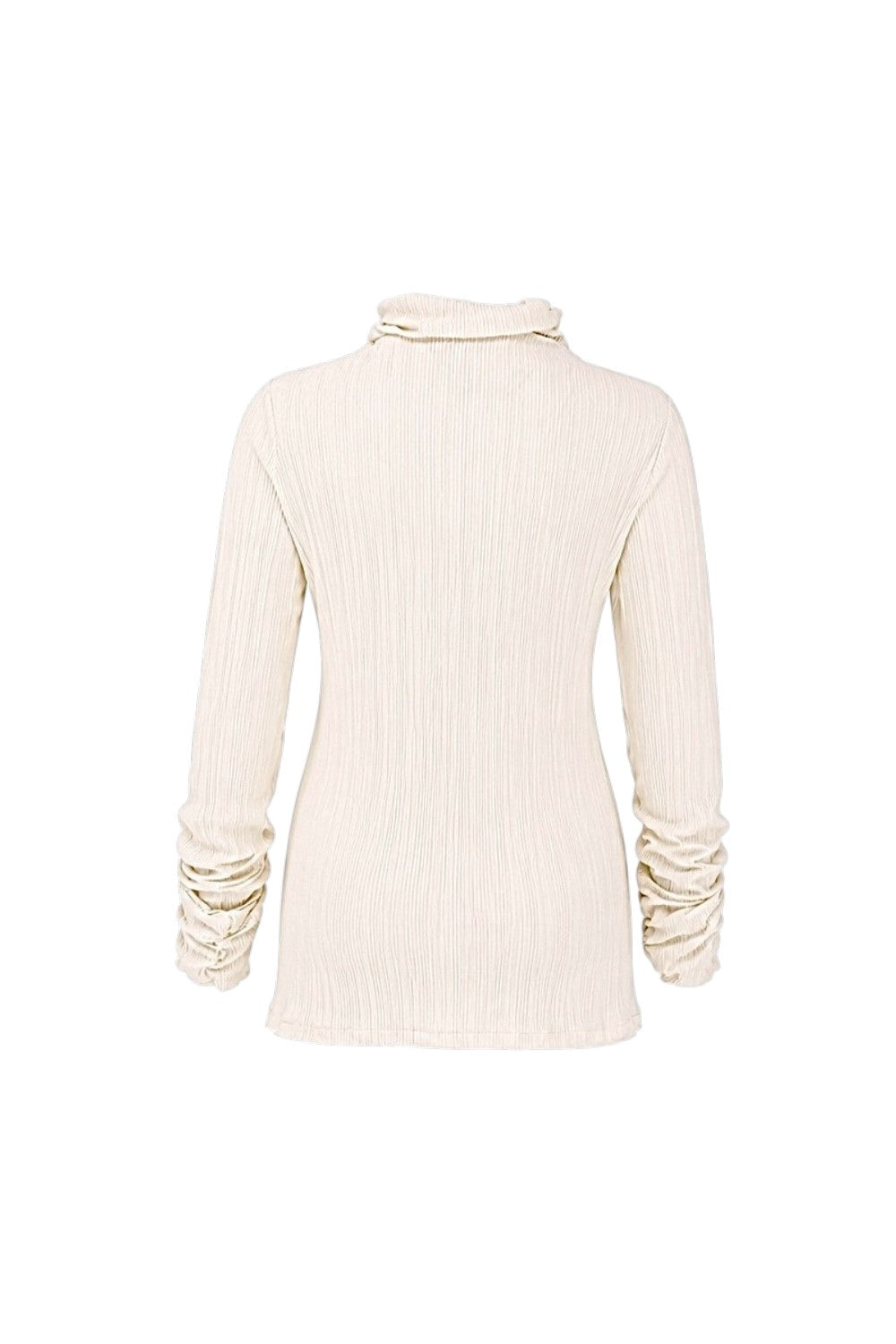 Cream-colored ribbed sweater on a white background